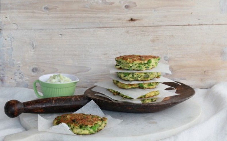 Zucchini and Pea Fritters with Tzatziki
